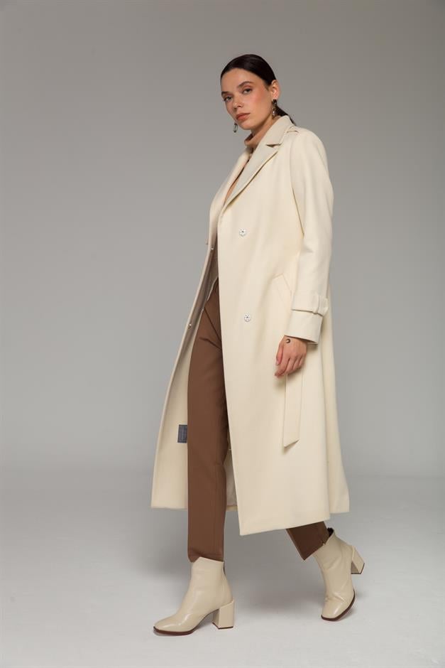 Mid-Length Coat with Cape and Epaulette Detail and Snap Closure IVORY 3771
