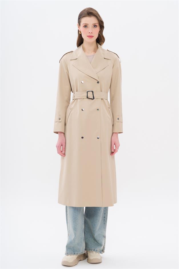 Water-Repellent Trench Coat with Cape and Epaulette Detail and Snap Closure IVORY 6709