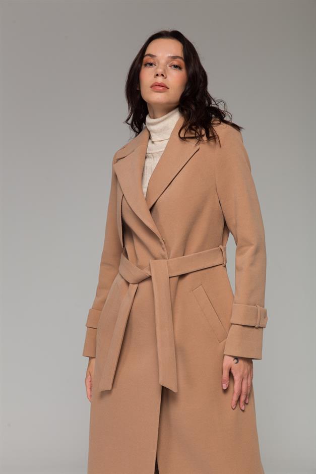 Mid-Length Coat with Cape and Epaulette Detail and Snap Closure CAMEL 3771