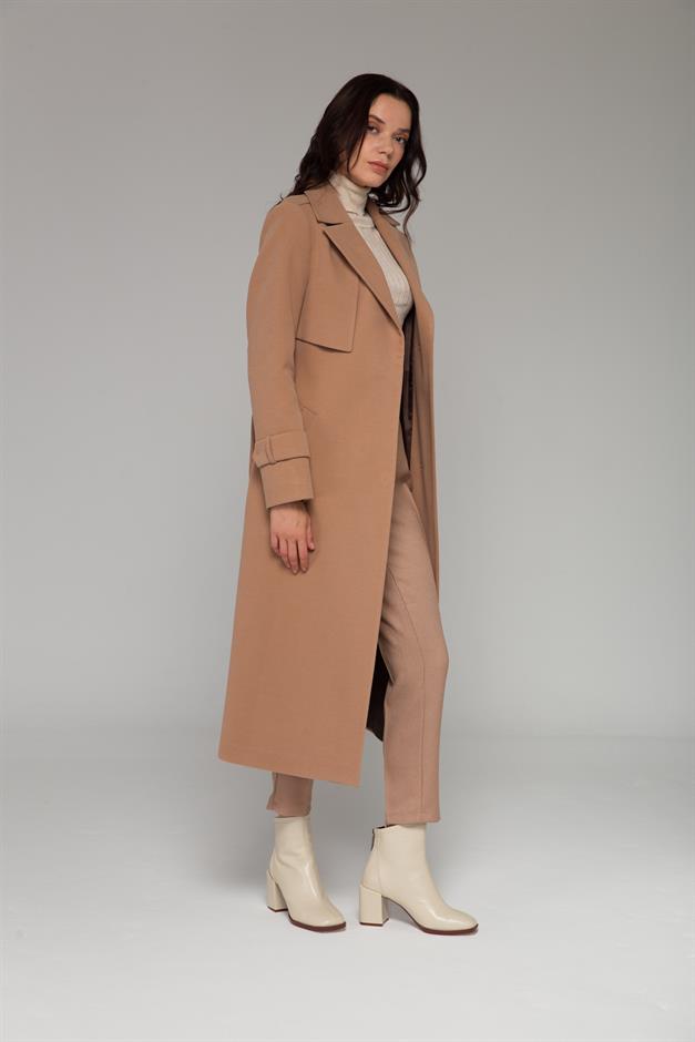 Mid-Length Coat with Cape and Epaulette Detail and Snap Closure CAMEL 3771