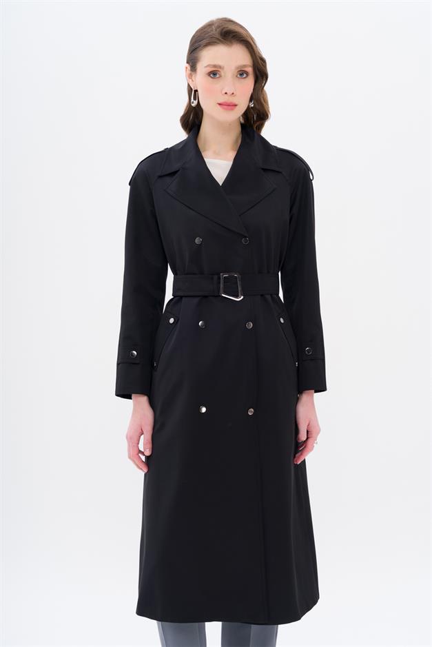 Water-Repellent Trench Coat with Cape and Epaulette Detail and Snap Closure BLACK 6709