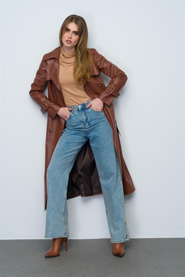 Double-Breasted Leather Trench Coat with Cape and Epaulette Detail CAMEL 6608