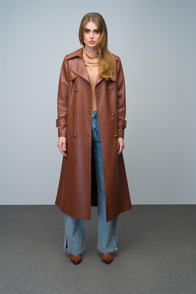 Double-Breasted Leather Trench Coat with Cape and Epaulette Detail CAMEL 6608