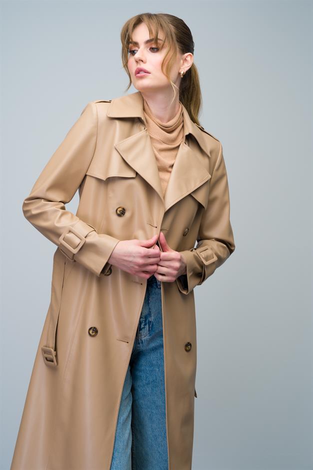 Double-Breasted Leather Trench Coat with Cape and Epaulette Detail CAMEL 6608