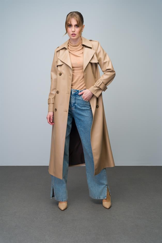 Double-Breasted Leather Trench Coat with Cape and Epaulette Detail CAMEL 6608