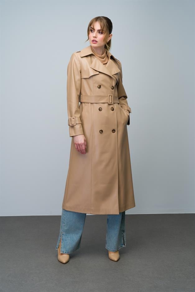 Double-Breasted Leather Trench Coat with Cape and Epaulette Detail CAMEL 6608
