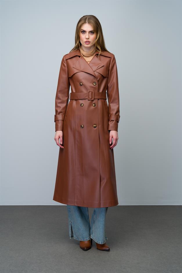Double-Breasted Leather Trench Coat with Cape and Epaulette Detail CAMEL 6608