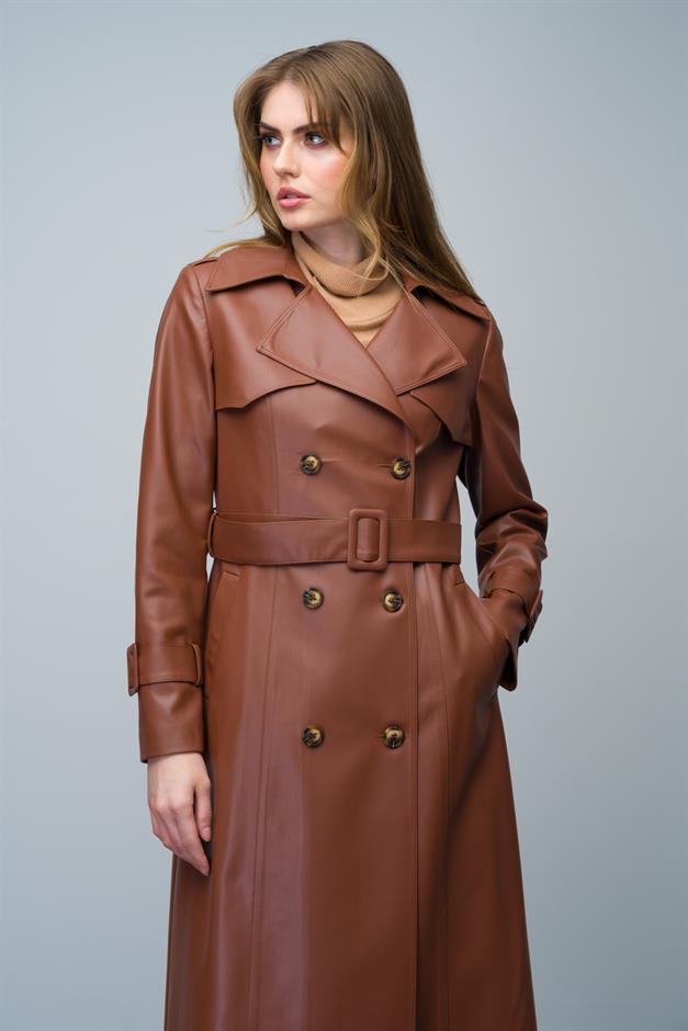 Double-Breasted Leather Trench Coat with Cape and Epaulette Detail CAMEL 6608