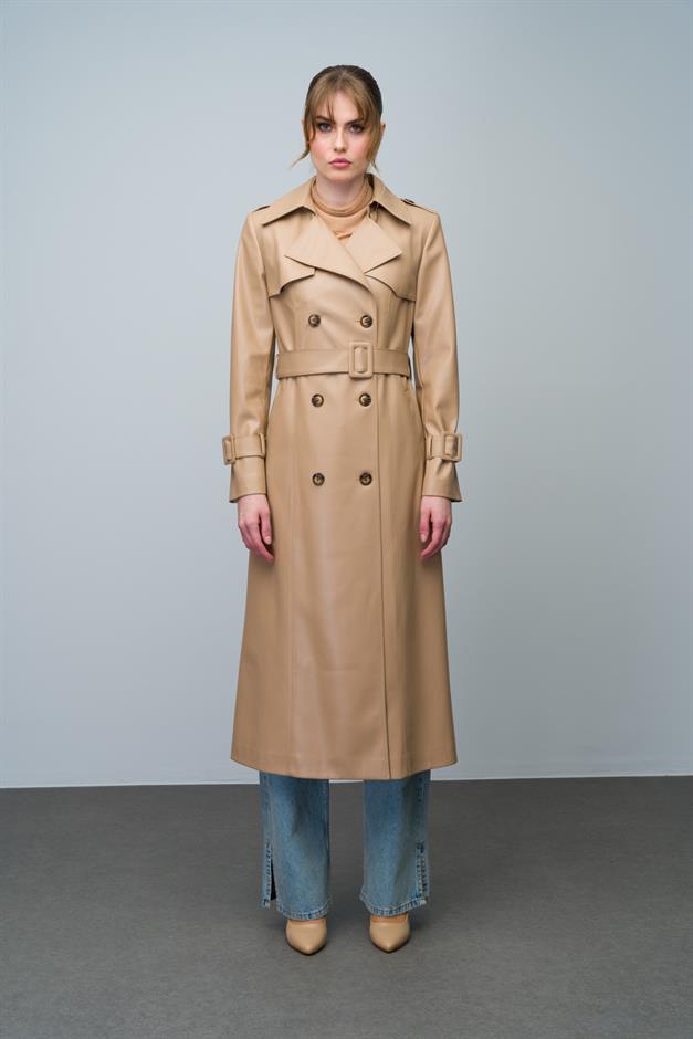 Double-Breasted Leather Trench Coat with Cape and Epaulette Detail CAMEL 6608