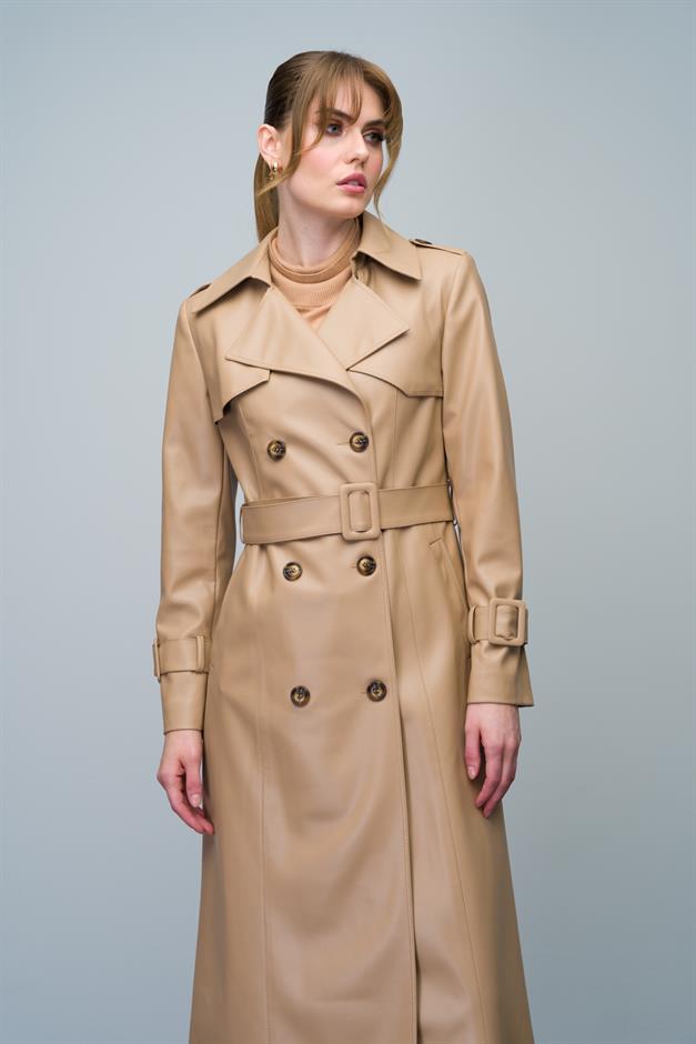 Double-Breasted Leather Trench Coat with Cape and Epaulette Detail CAMEL 6608