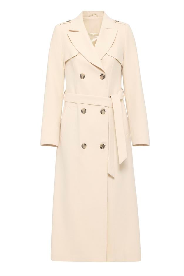 Double-Breasted Long Coat with Cape and Epaulette Detail IVORY 3013