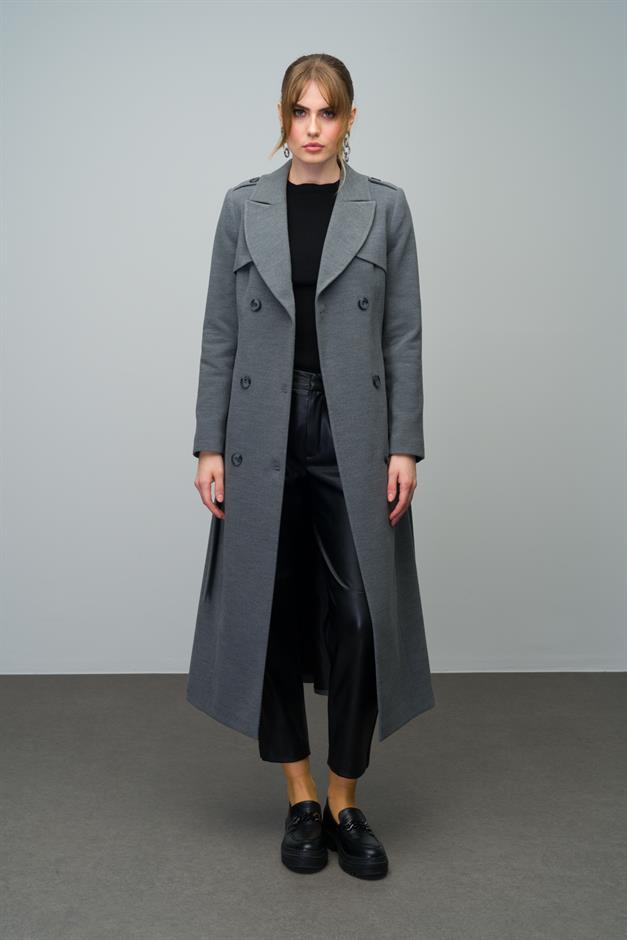 Double-Breasted Long Coat with Cape and Epaulette Detail GREY 3013