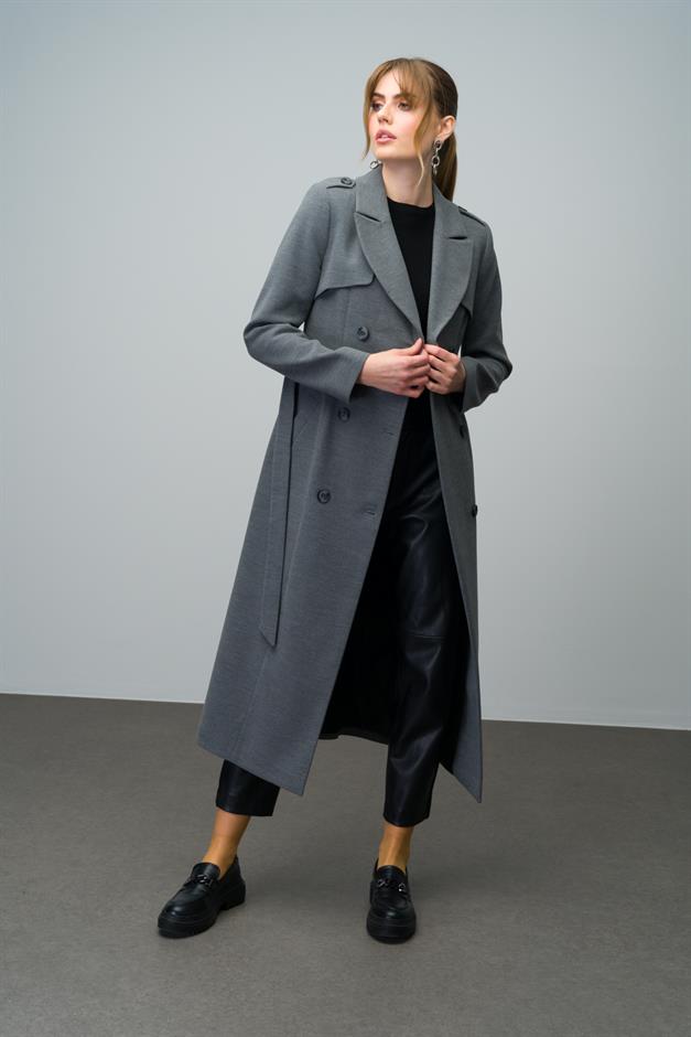 Double-Breasted Long Coat with Cape and Epaulette Detail GREY 3013