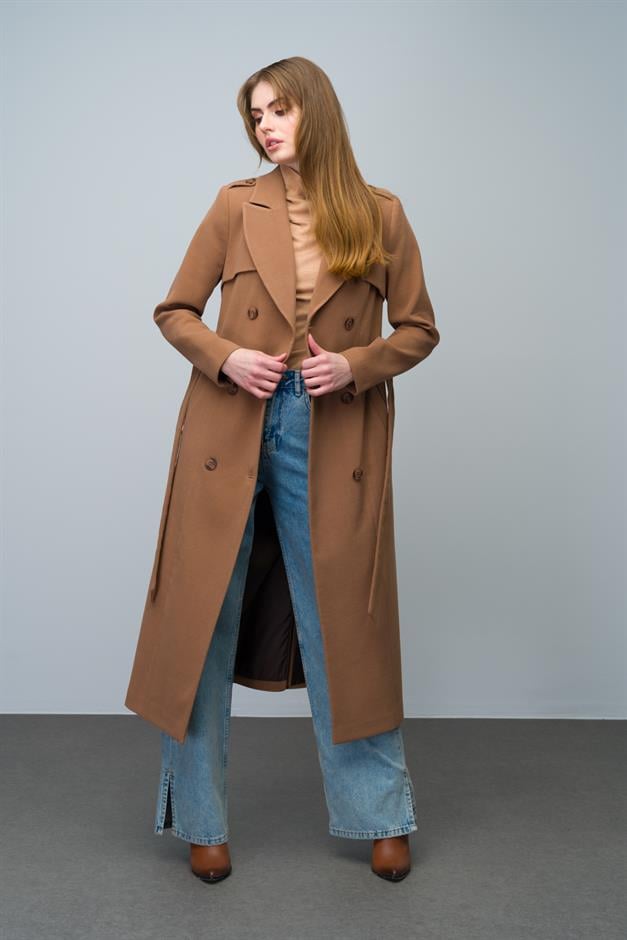 Double-Breasted Long Coat with Cape and Epaulette Detail CAMEL 3013