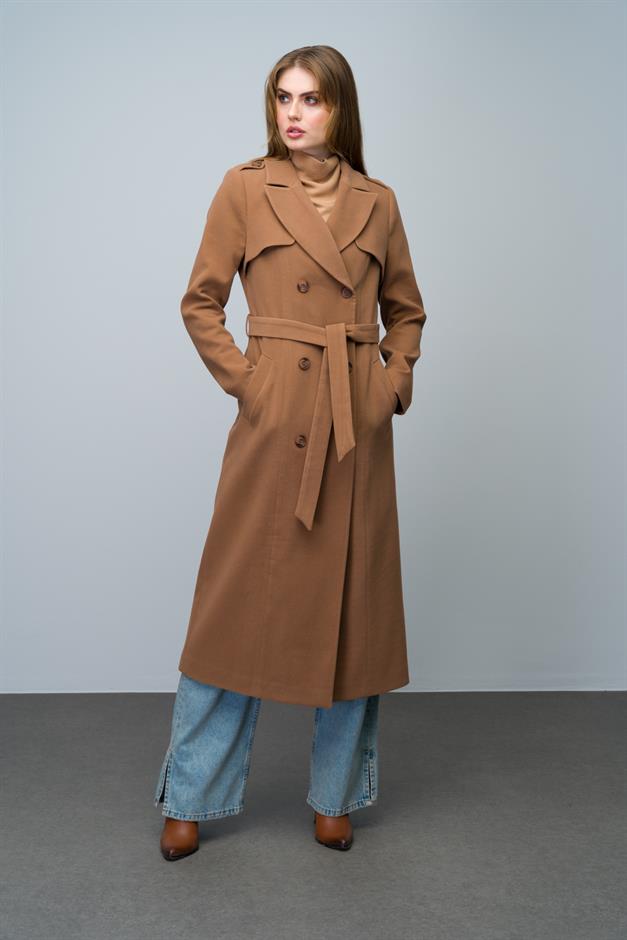 Double-Breasted Long Coat with Cape and Epaulette Detail CAMEL 3013