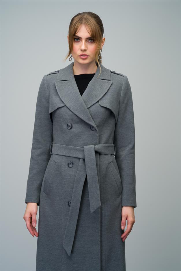 Double-Breasted Long Coat with Cape and Epaulette Detail GREY 3013