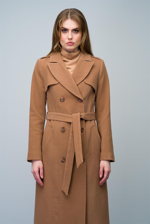 Double-Breasted Long Coat with Cape and Epaulette Detail CAMEL 3013