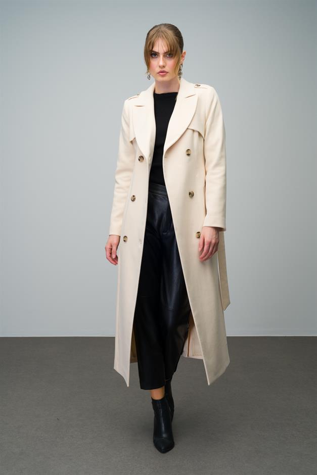 Double-Breasted Long Coat with Cape and Epaulette Detail IVORY 3013