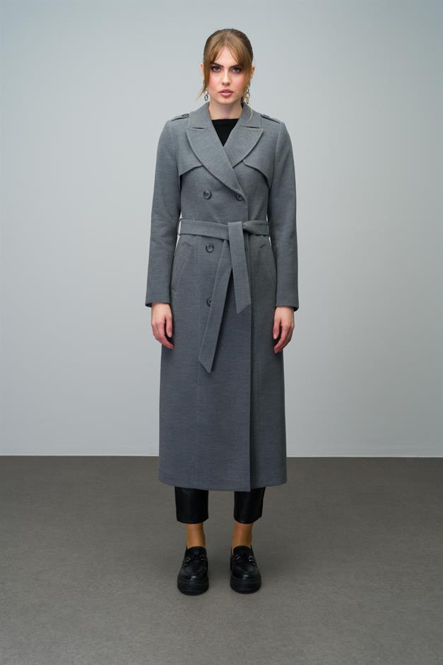 Double-Breasted Long Coat with Cape and Epaulette Detail GREY 3013