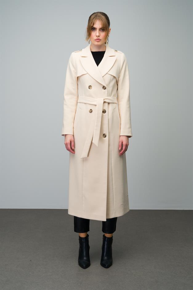 Double-Breasted Long Coat with Cape and Epaulette Detail IVORY 3013