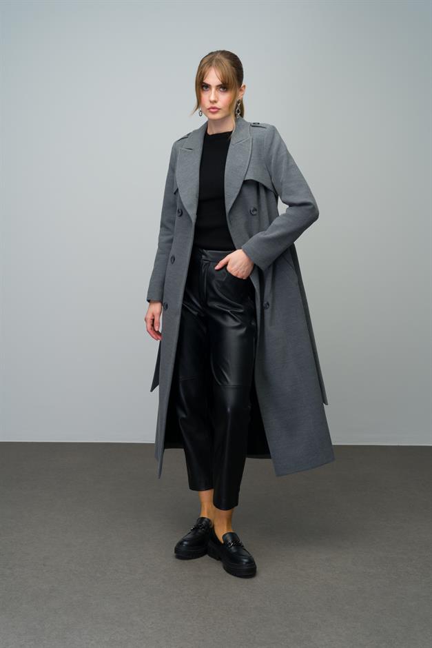 Double-Breasted Long Coat with Cape and Epaulette Detail GREY 3013