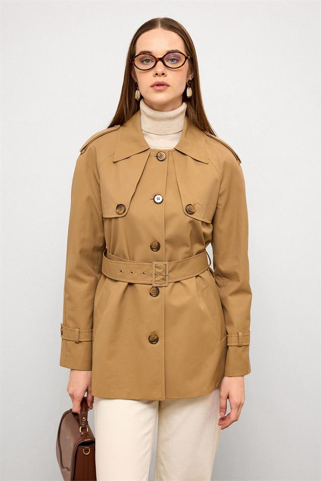 Water-Repellent Short Trench Coat with Cape and Epaulette Details CAMEL 6765