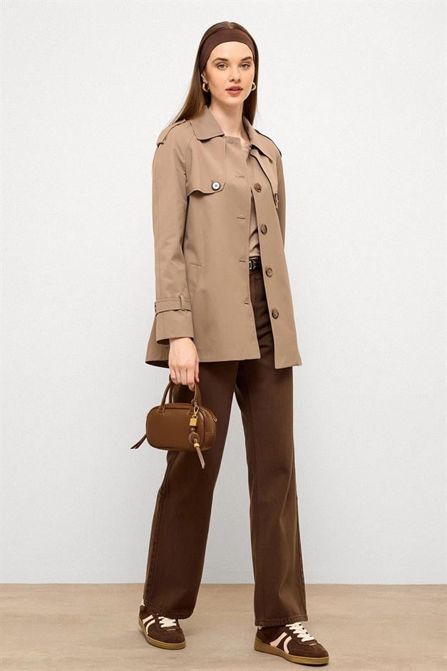 Water-Repellent Short Trench Coat with Cape and Epaulette Details S.COFFEE 6765