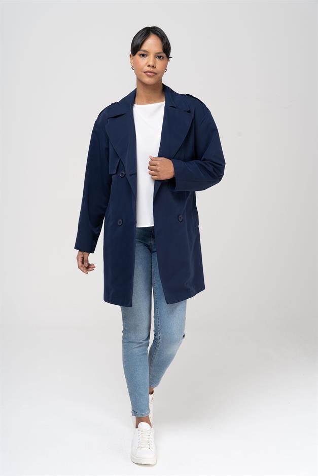 Pelerin ve Apolet Detaylı Su İtici Özellikli Astarsız Trençkot LACİVERT 6541