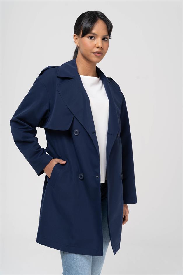 Pelerin ve Apolet Detaylı Su İtici Özellikli Astarsız Trençkot LACİVERT 6541