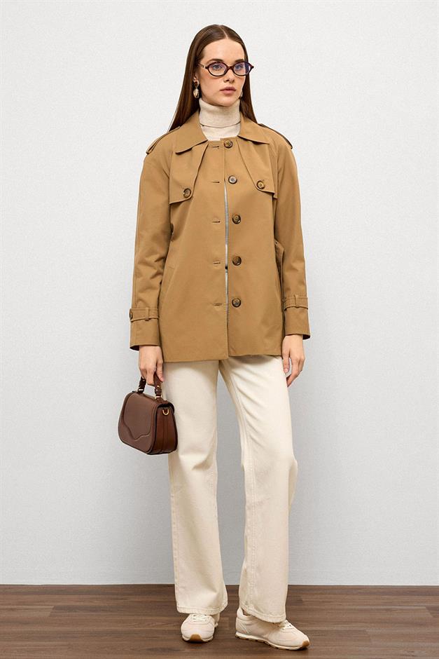 Water-Repellent Short Trench Coat with Cape and Epaulette Details CAMEL 6765