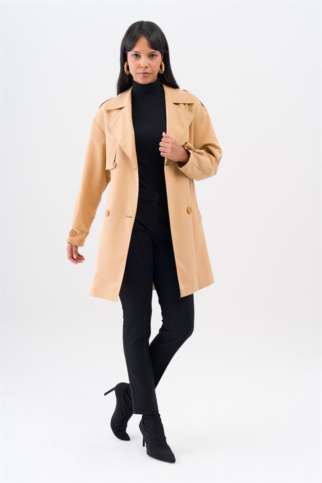 Pelerin ve Apolet Detaylı Su İtici Özellikli Astarsız Trençkot KAMEL 6541