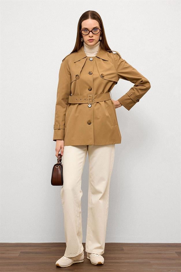 Water-Repellent Short Trench Coat with Cape and Epaulette Details CAMEL 6765