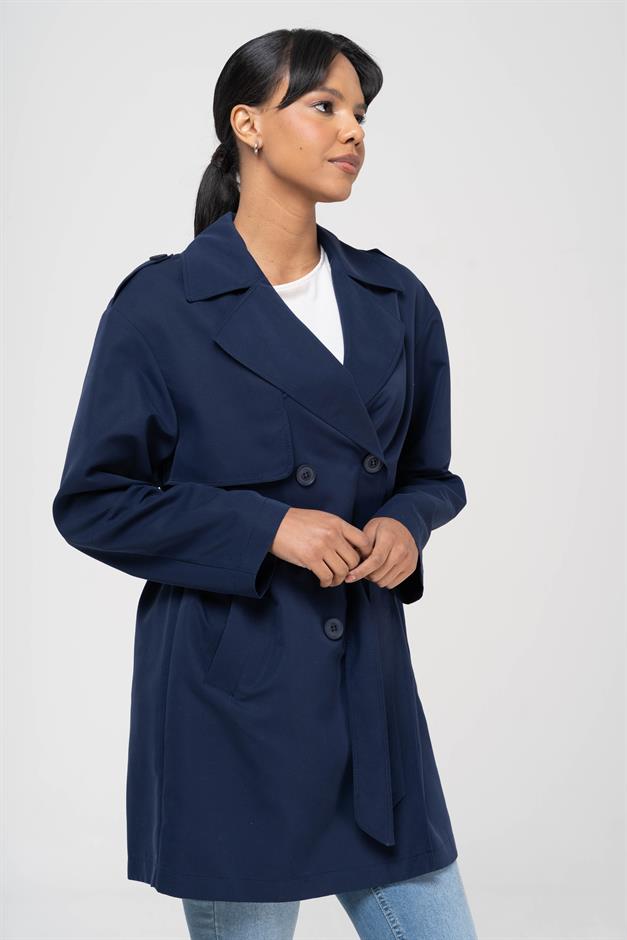 Pelerin ve Apolet Detaylı Su İtici Özellikli Astarsız Trençkot LACİVERT 6541