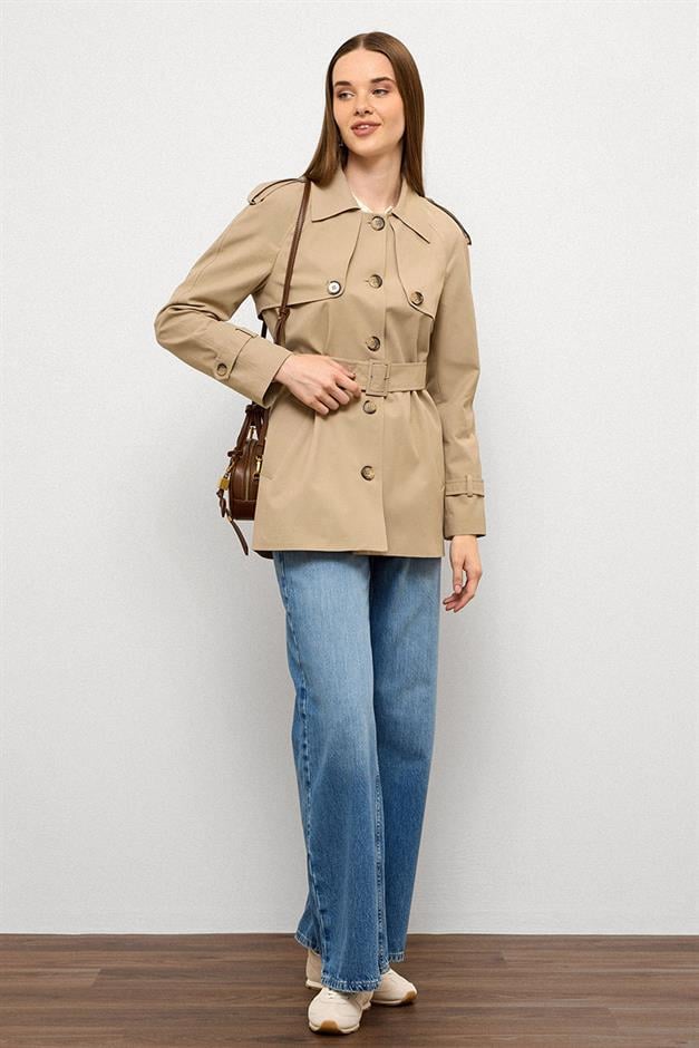 Water-Repellent Short Trench Coat with Cape and Epaulette Details IVORY 6765