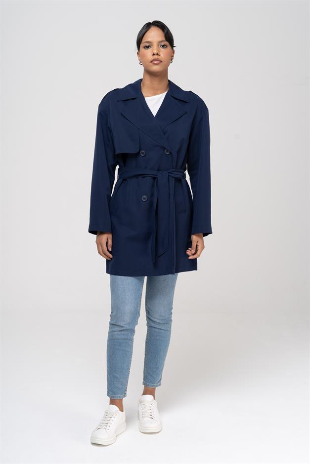 Pelerin ve Apolet Detaylı Su İtici Özellikli Astarsız Trençkot LACİVERT 6541