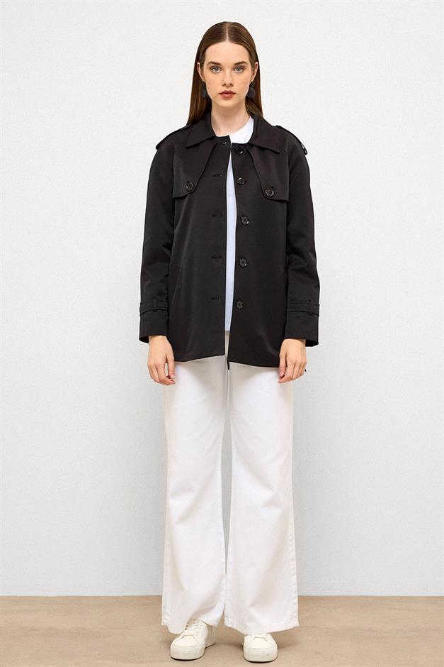 Water-Repellent Short Trench Coat with Cape and Epaulette Details BLACK 6765