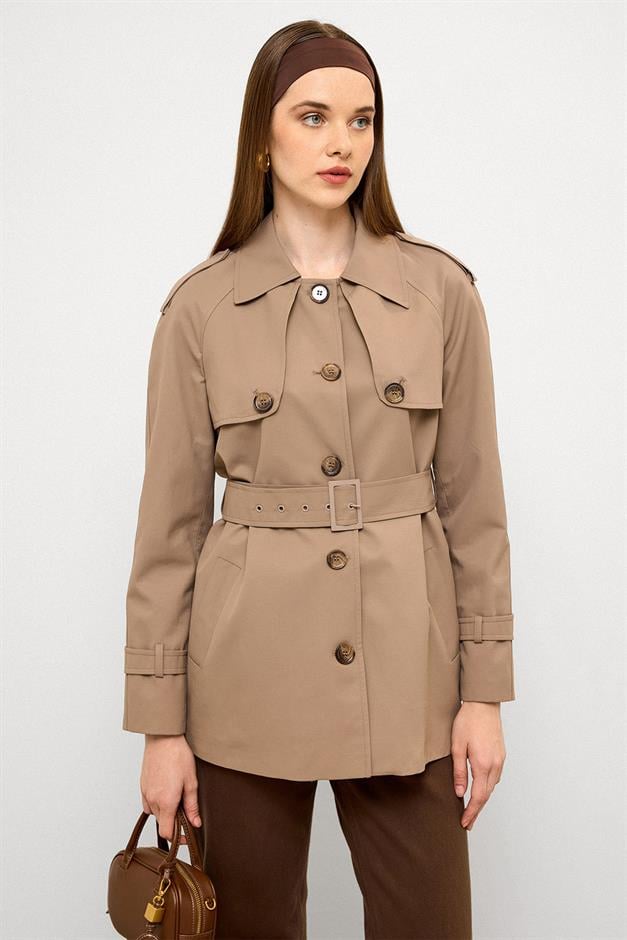 Water-Repellent Short Trench Coat with Cape and Epaulette Details S.COFFEE 6765