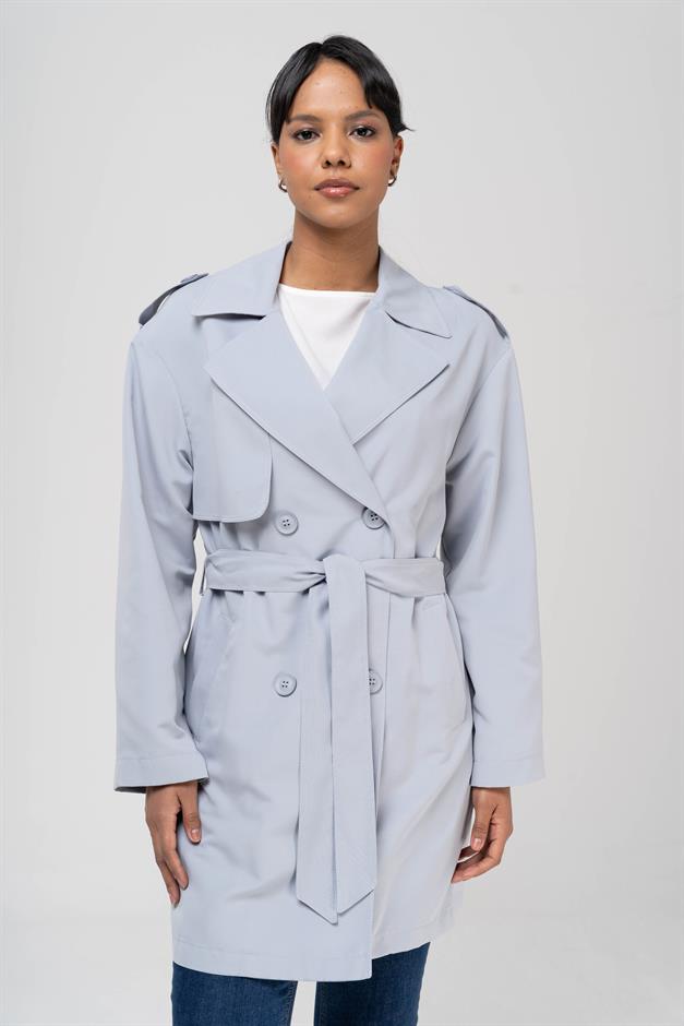 Pelerin ve Apolet Detaylı Su İtici Özellikli Astarsız Trençkot AÇIK MAVİ 6541