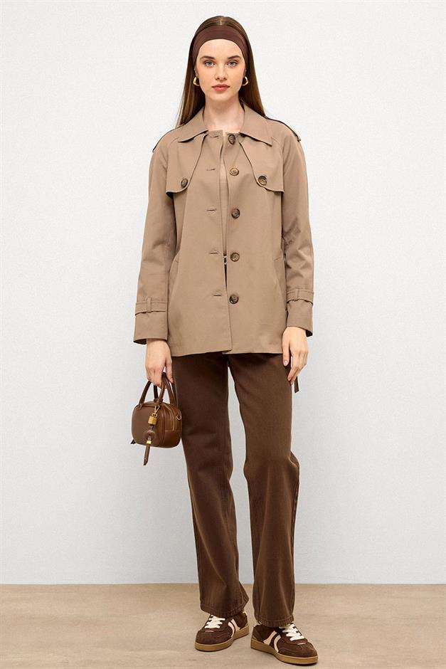 Water-Repellent Short Trench Coat with Cape and Epaulette Details S.COFFEE 6765