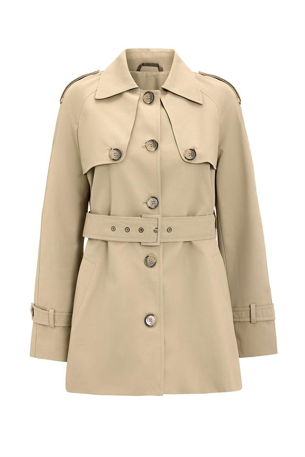 Water-Repellent Short Trench Coat with Cape and Epaulette Details IVORY 6765
