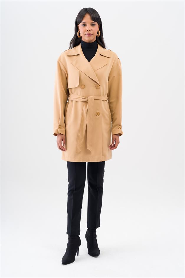 Pelerin ve Apolet Detaylı Su İtici Özellikli Astarsız Trençkot KAMEL 6541