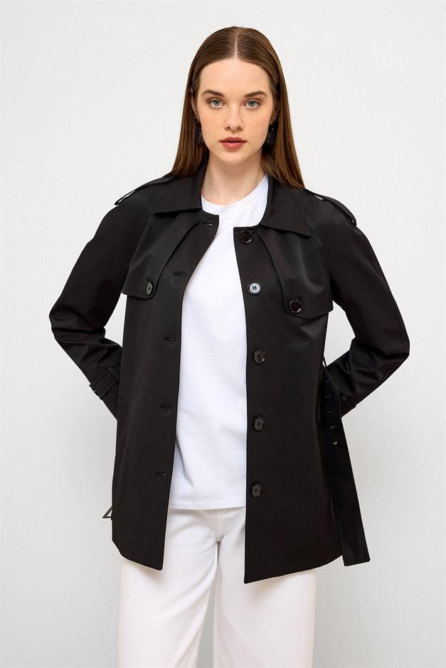 Water-Repellent Short Trench Coat with Cape and Epaulette Details BLACK 6765