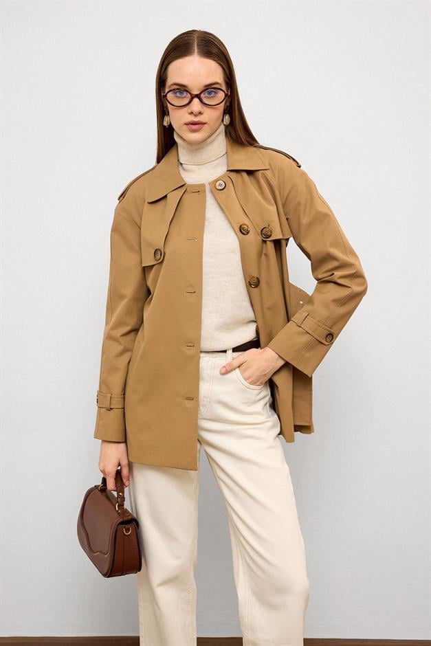 Water-Repellent Short Trench Coat with Cape and Epaulette Details CAMEL 6765