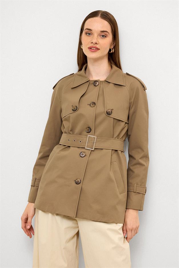 Water-Repellent Short Trench Coat with Cape and Epaulette Details VIZON 6765