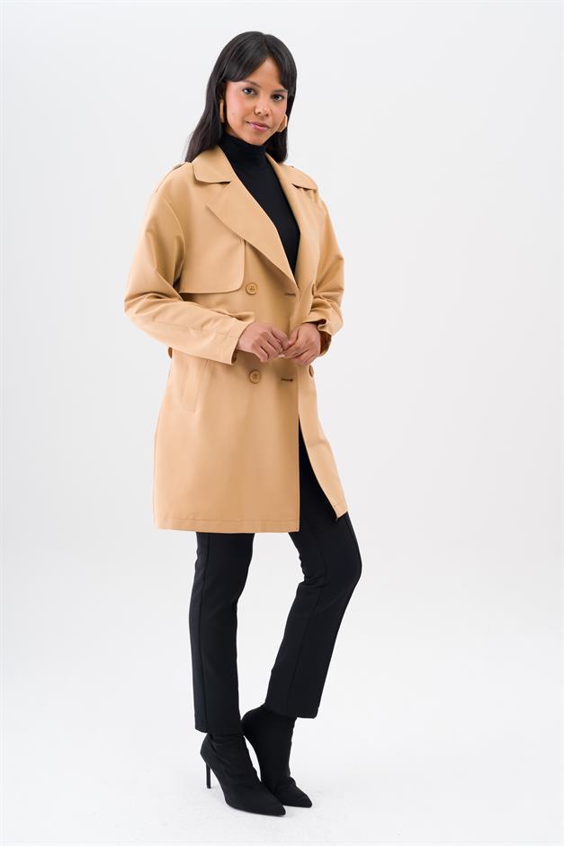 Pelerin ve Apolet Detaylı Su İtici Özellikli Astarsız Trençkot KAMEL 6541