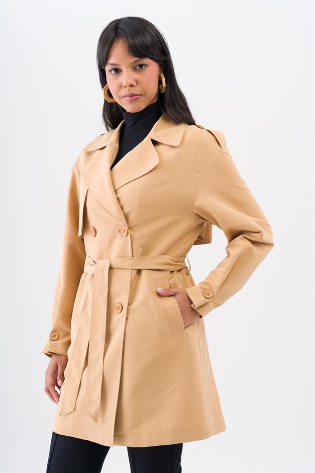 Pelerin ve Apolet Detaylı Su İtici Özellikli Astarsız Trençkot KAMEL 6541