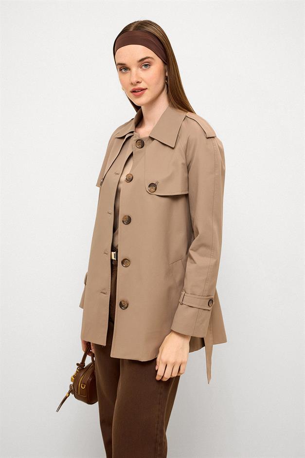Water-Repellent Short Trench Coat with Cape and Epaulette Details S.COFFEE 6765