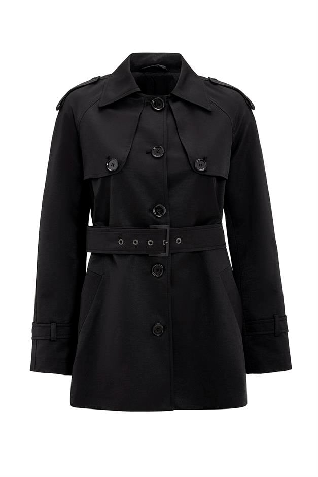 Water-Repellent Short Trench Coat with Cape and Epaulette Details BLACK 6765