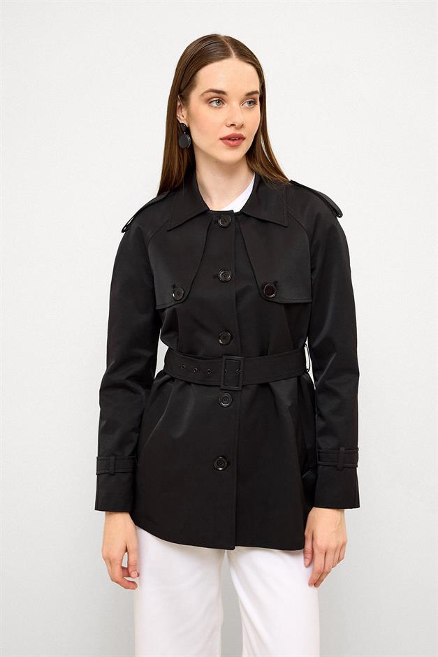 Water-Repellent Short Trench Coat with Cape and Epaulette Details BLACK 6765