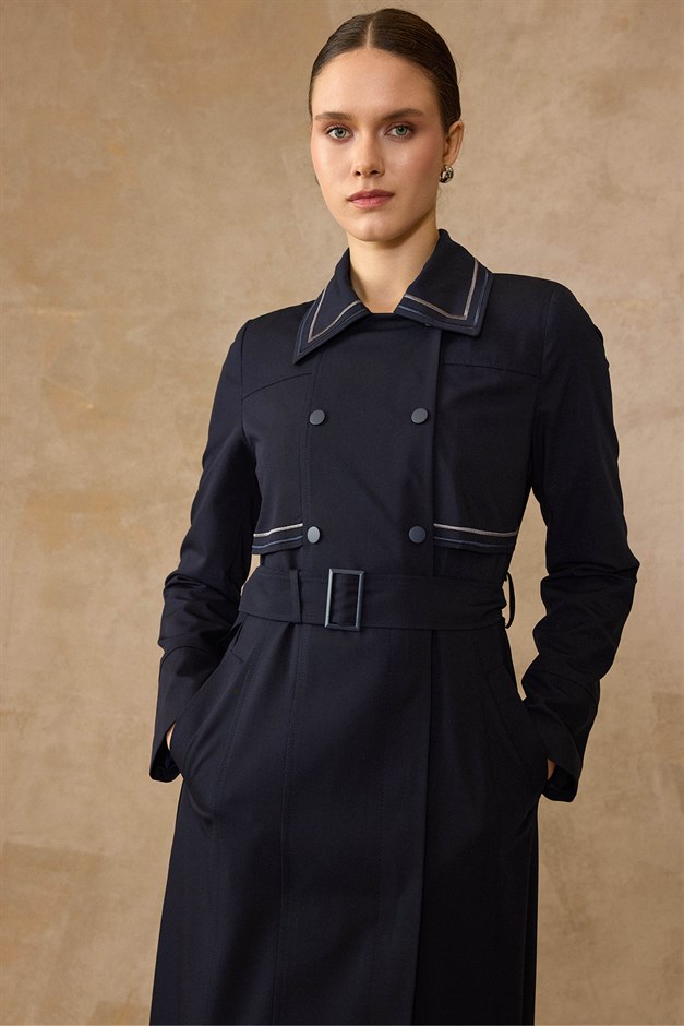 Pelerin ve İşleme Detaylı Astarlı Pardesü LACİVERT 6849